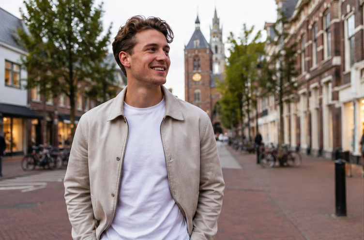 Man op terras met rustige, zelfverzekerde uitstraling